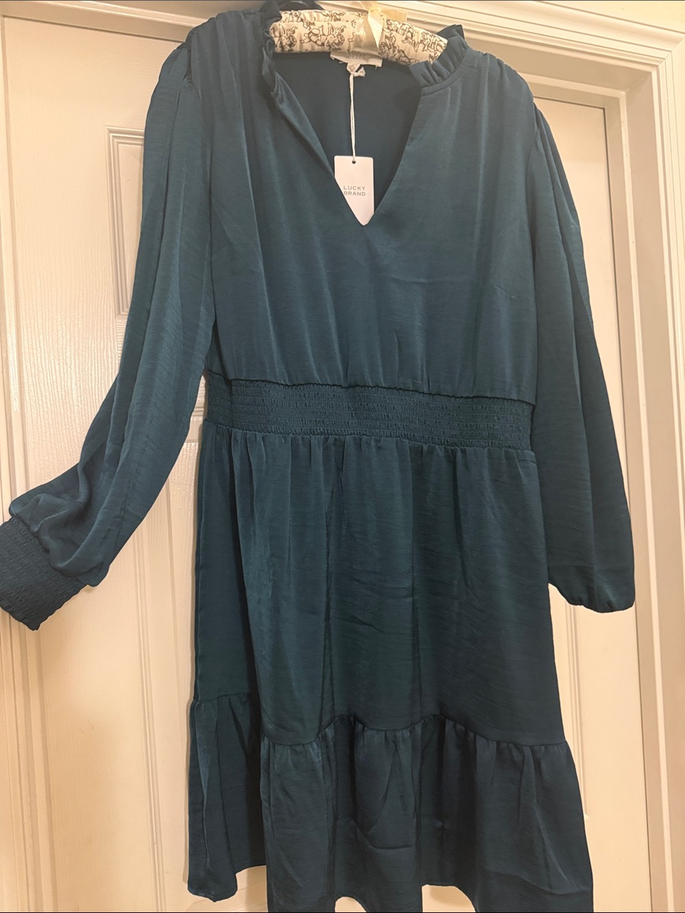 Dark green Smocked Waist V-Neck Tiered Dress NWT All